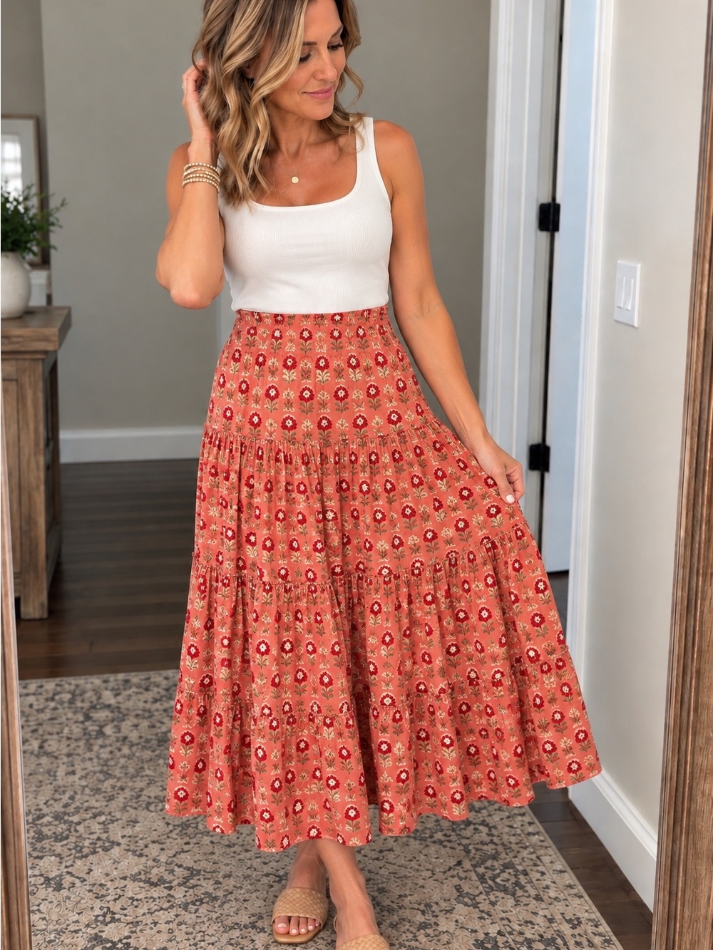Boho Tiered Maxi Skirt in Coral Floral